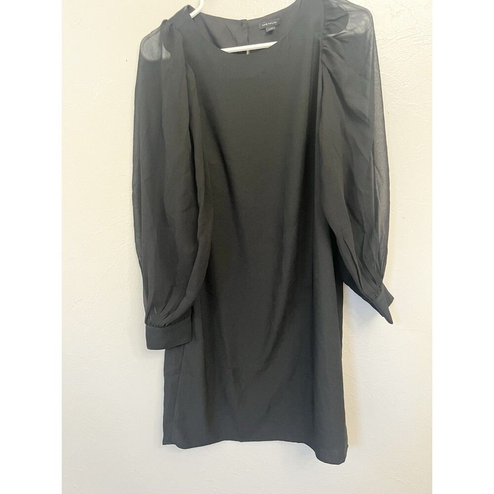 Ann Taylor Black Shift Dress 6P Petite Sheer Balloon Sleeve Cocktail Party Mini - Picture 2 of 10